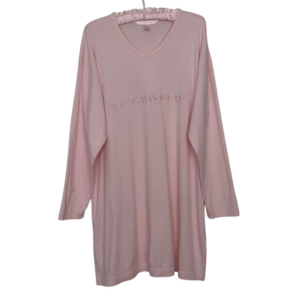 Vintage Victoria's Secret Medium Pink Embroidered Logo Nightgown Sleep Shirt Y2K